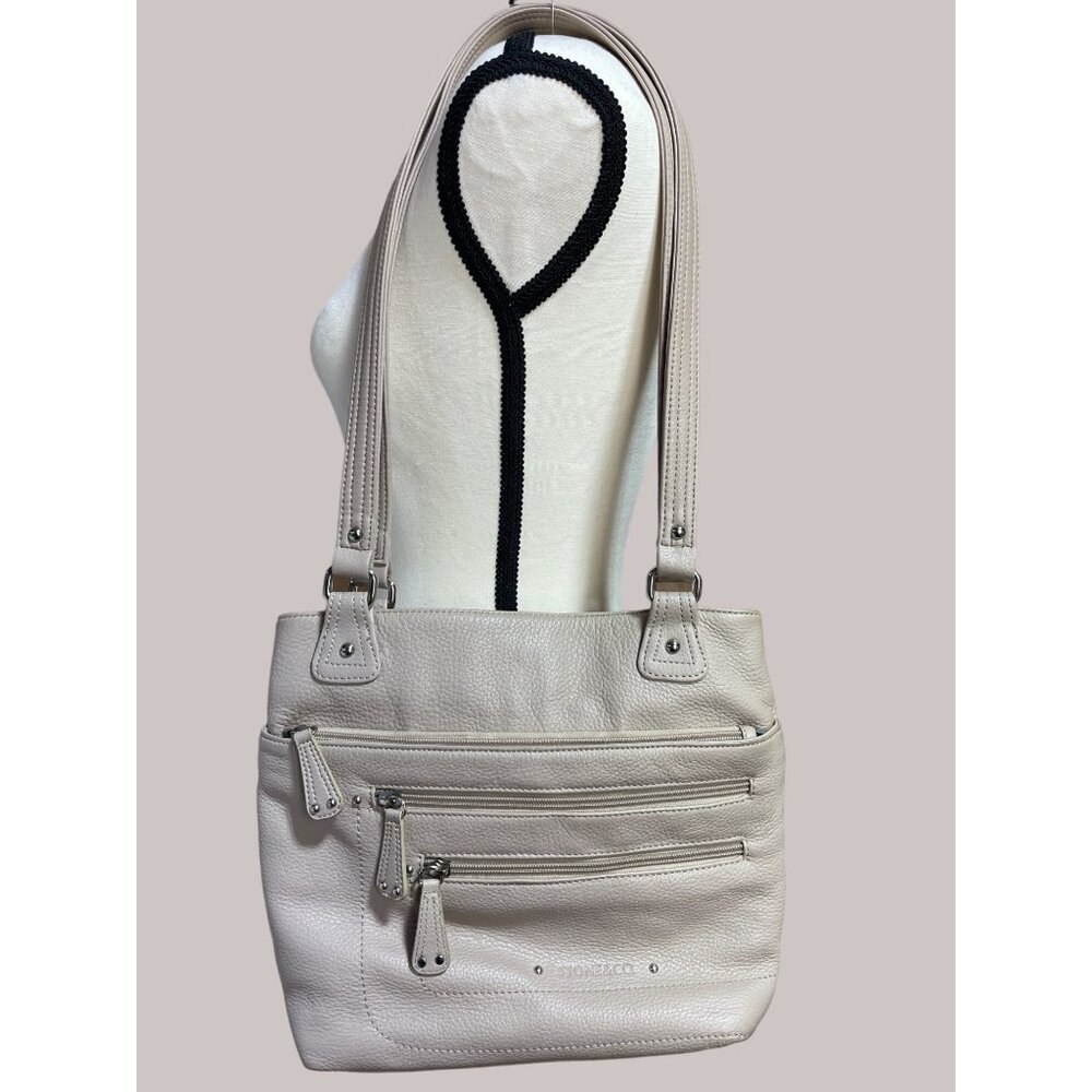 Stone Mountain Leather Shoulder Bag With Multiple Zippers & Pockets Pebbled Fini